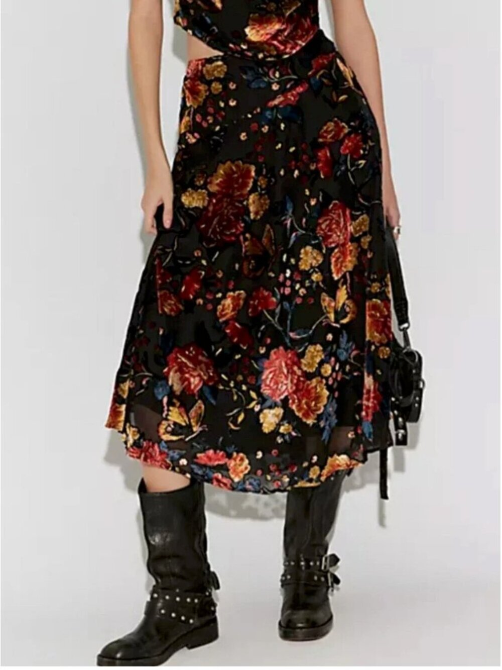 Free People Electra Heart Midi Velvet Side Zipper Skirt size XS